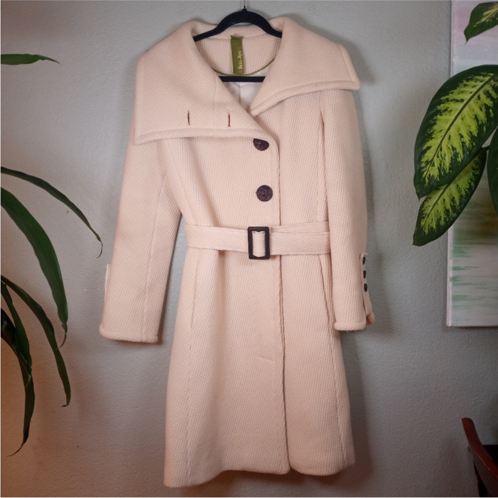 Soia & Kyo Wool Cream Oversized Wood Button Belted Feminine Bohemian Pea Coat